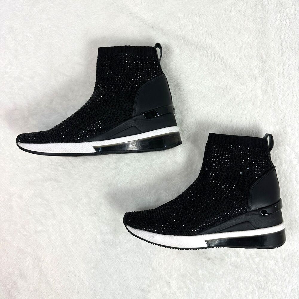 Michael Kors Skyler High Top Sock Sneakers Rhinestone Crystal Black Wedge Bootie